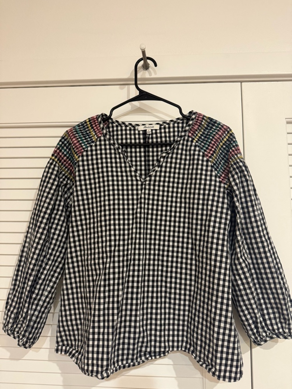 Madewell Black and White Gingham Blouse with Multicolor Embroidered Shoulders